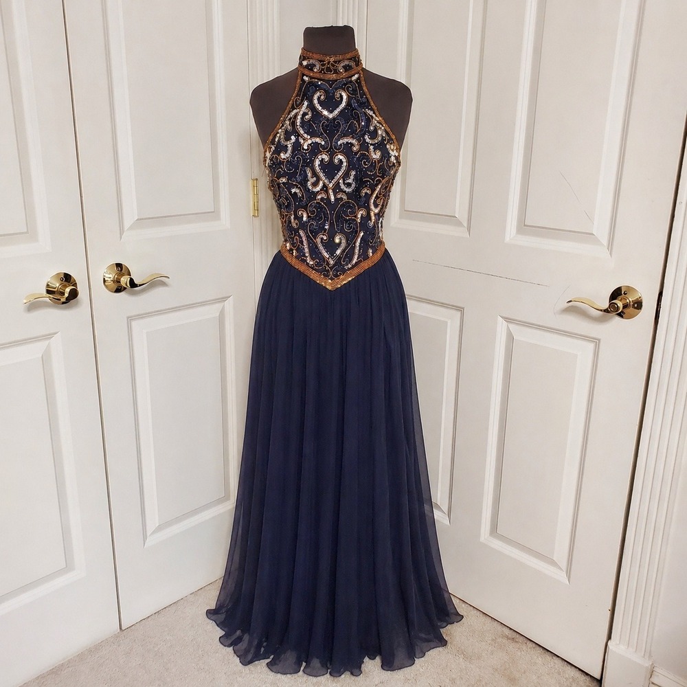 Vtg 90s 100% Silk Chiffon Beaded Dress Sequins Halter Gown Navy Blue XS Prom